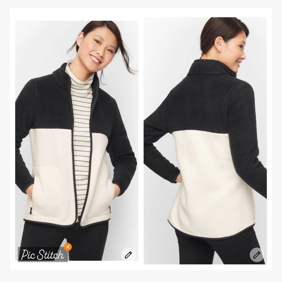T by Talbots High Low Cozy Sherpa Full Zip Colorblock Back White - Picture 1 of 10